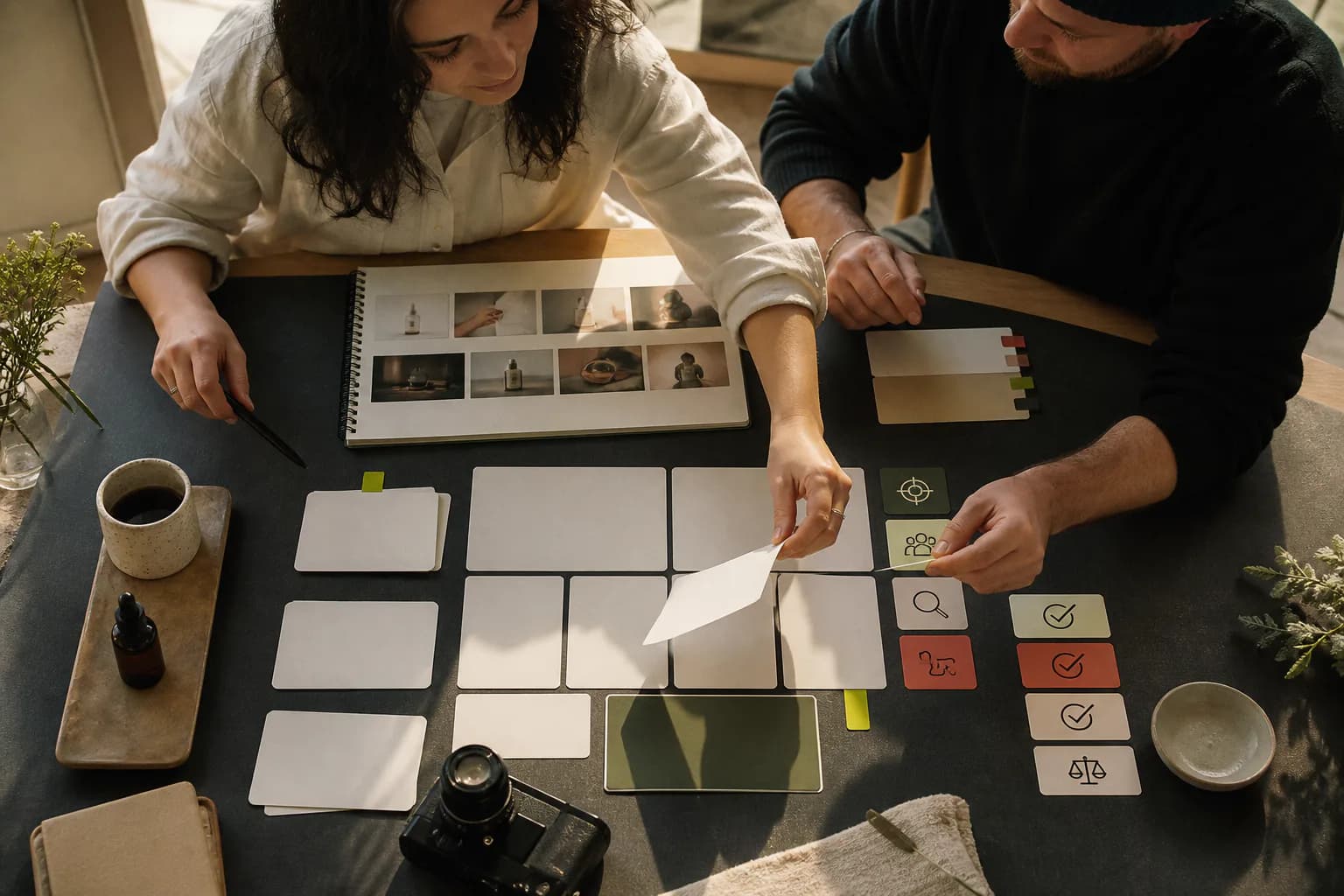 A creator and producer arranging objective, evidence, and creative-choice cards for a brief