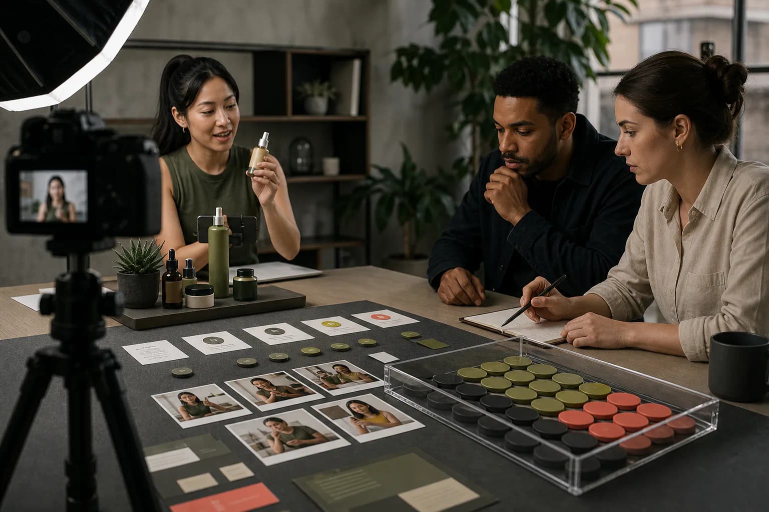 A team reviewing a creator shoot, campaign evidence, and a bounded performance pool