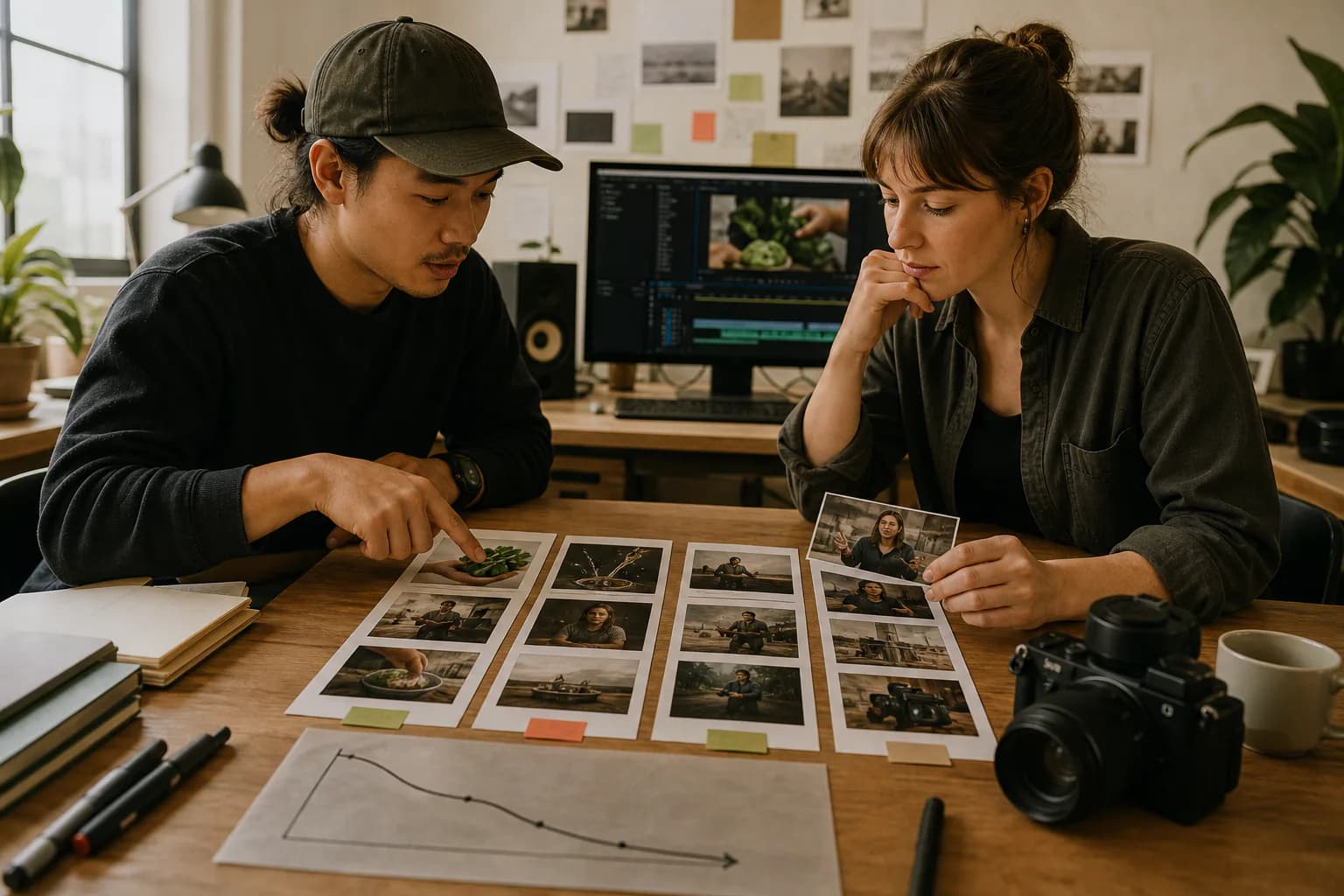 A creator and editor comparing different opening frames with the proof that follows