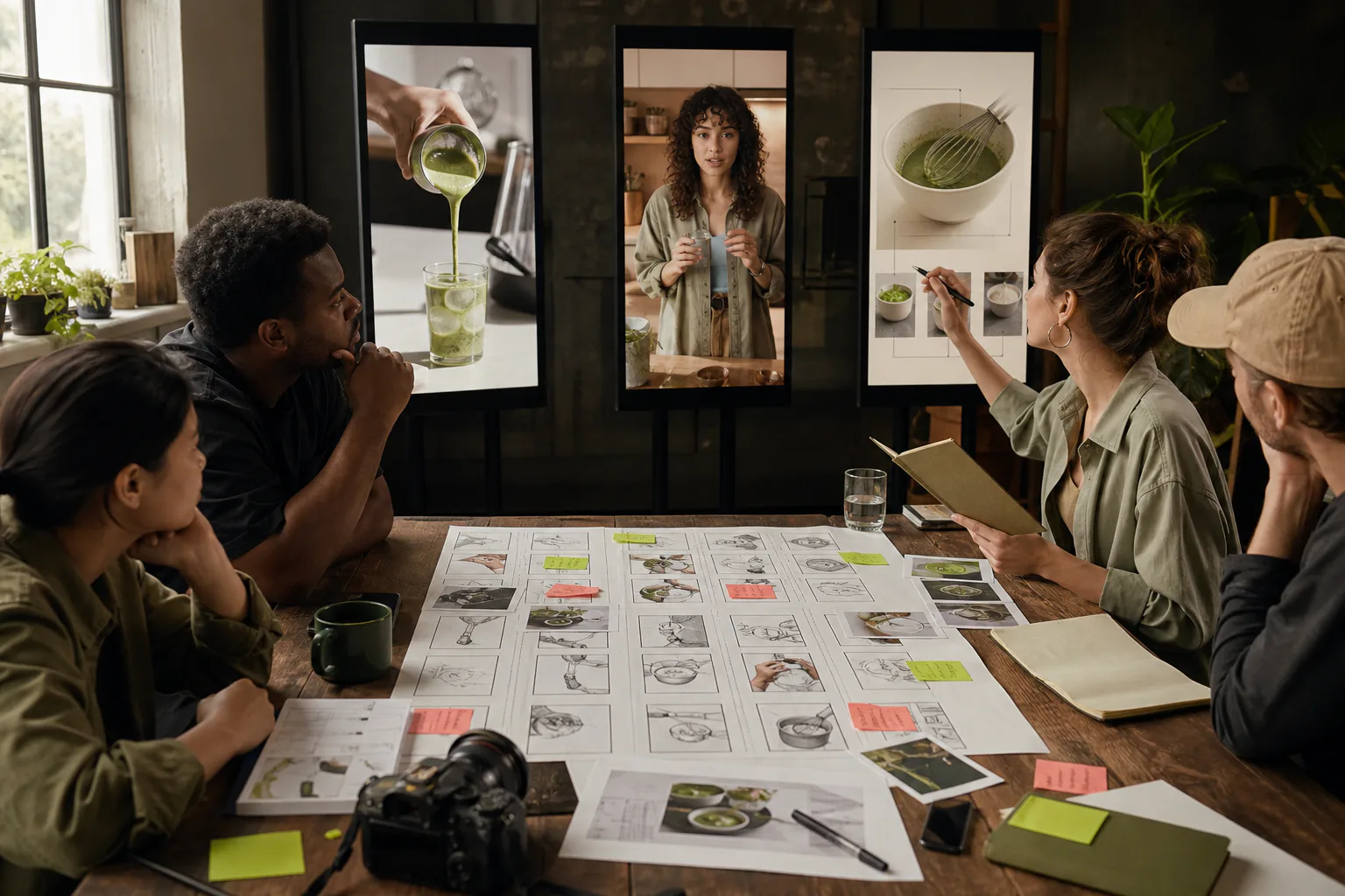 A creative team planning one idea as three distinct vertical short-form edits