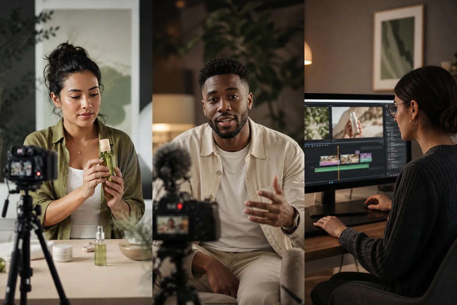 A three-part studio scene comparing UGC production, creator distribution, and clipping